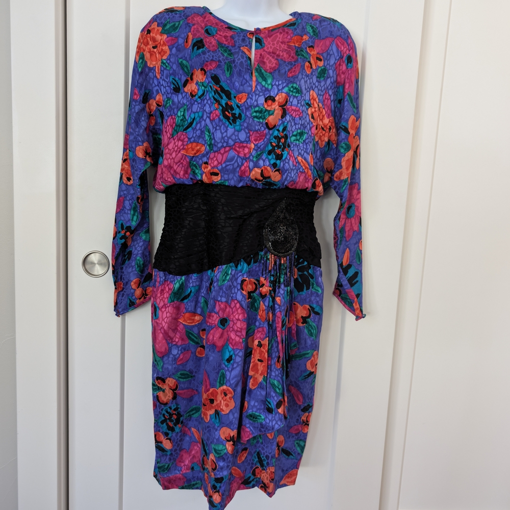 Vintage Floral Women's Dress in Purple and Black